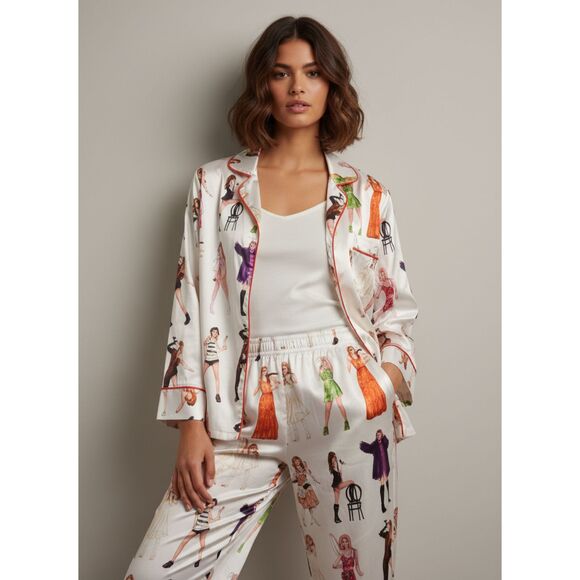Taylor Swift Other - Taylor Swift Eras Inspired White Satin PJ Set Button Top & Pants Red Women Large